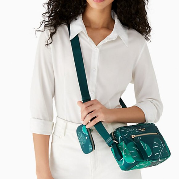 Kate Spade Chelsea Monstera Leaves Printed Nylon Camera Bag Green Multi - Picture 2 of 16
